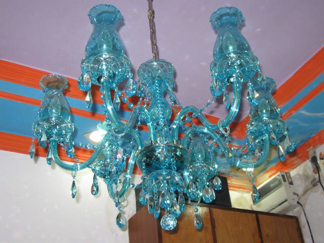 Coloured glass coating on chandelier