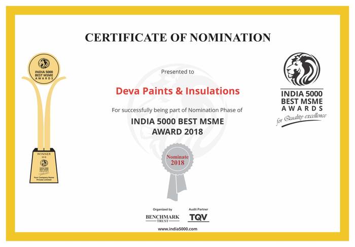 Certificate of Nomination, India 5000 Best MSME Award 2018